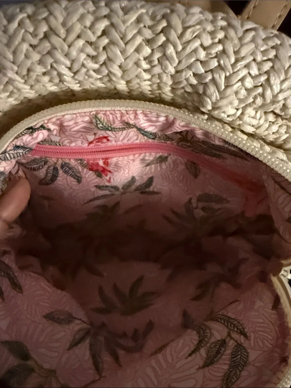 Vera Bradley Mini Cream Convertible Straw Backpack with Pink Parrot Accent